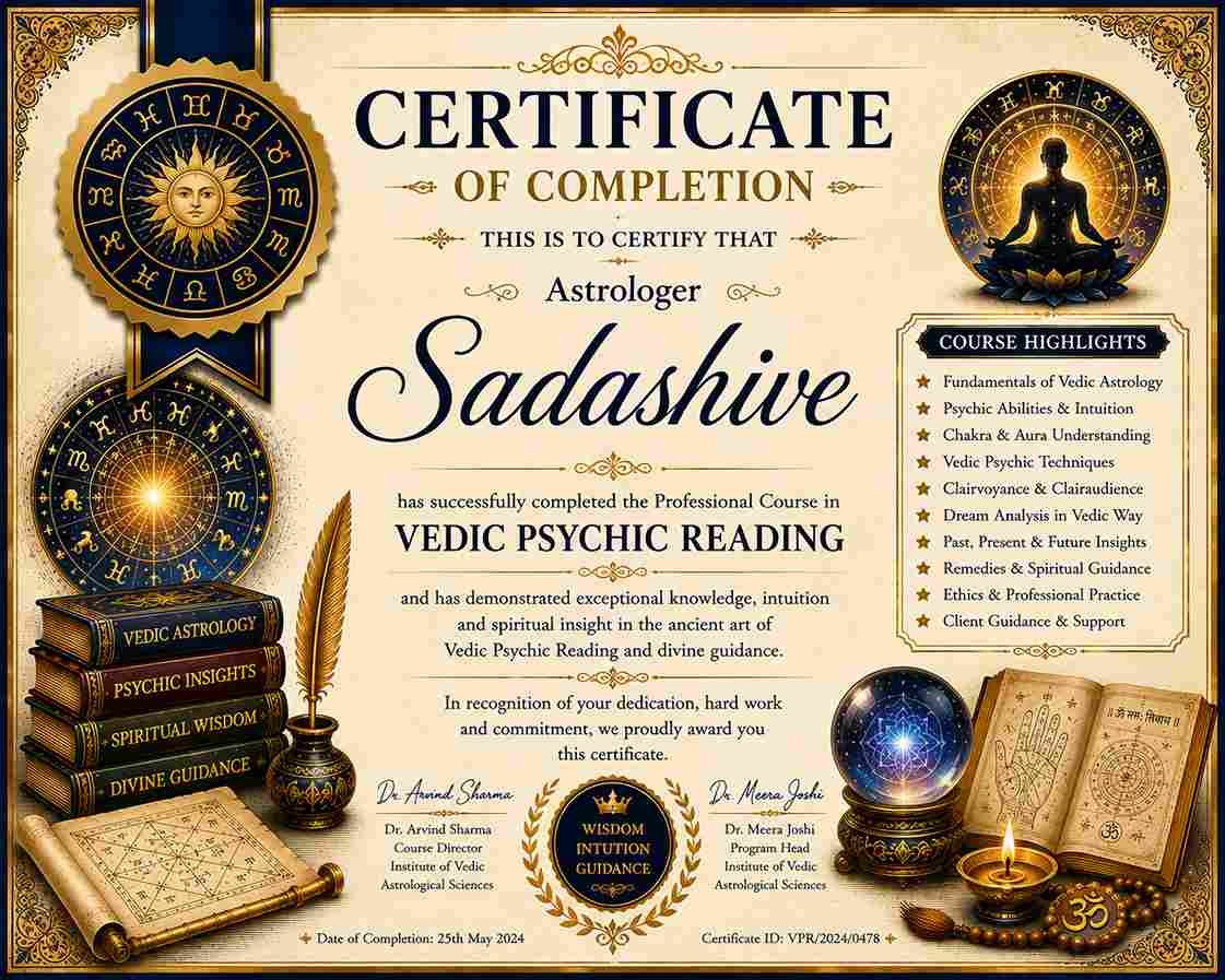 Certificate of Completion awarded to Astrologer Sadashive for successfully completing a professional course in Vedic Psychic Reading.