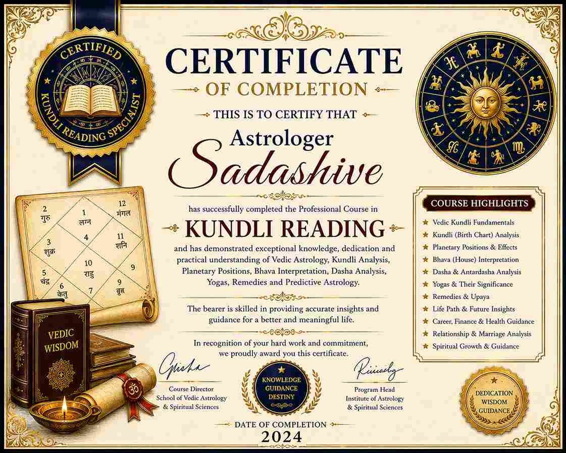 Certificate of Completion awarded to Astrologer Sadashive for professional expertise in Kundli Reading, including birth chart analysis, planetary influences, Dasha analysis, palmistry, intuitive guidance, and spiritual wisdom.